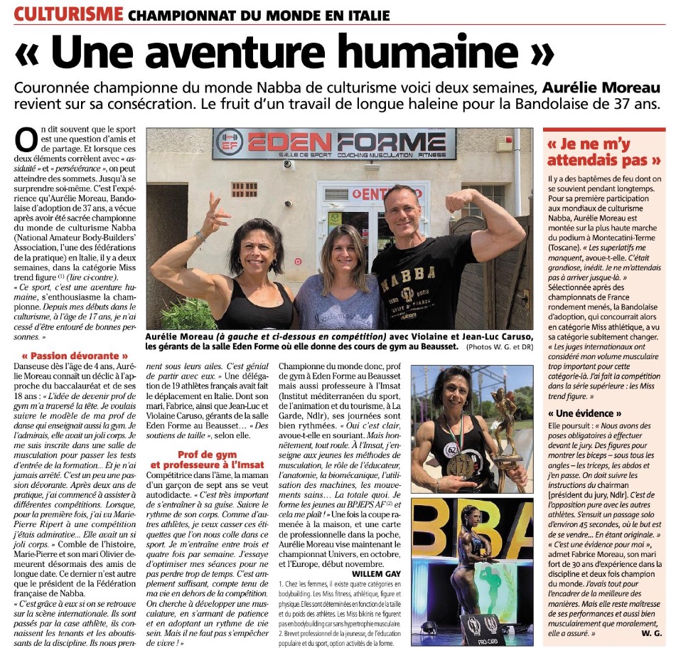 Découpe d'article sur Aurélie Moreau formatrice à l'IMSAT championne de culturisme NABBA