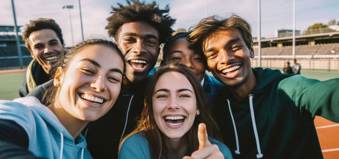 Happy diverse friends taking selfie on smartphone on sports ground