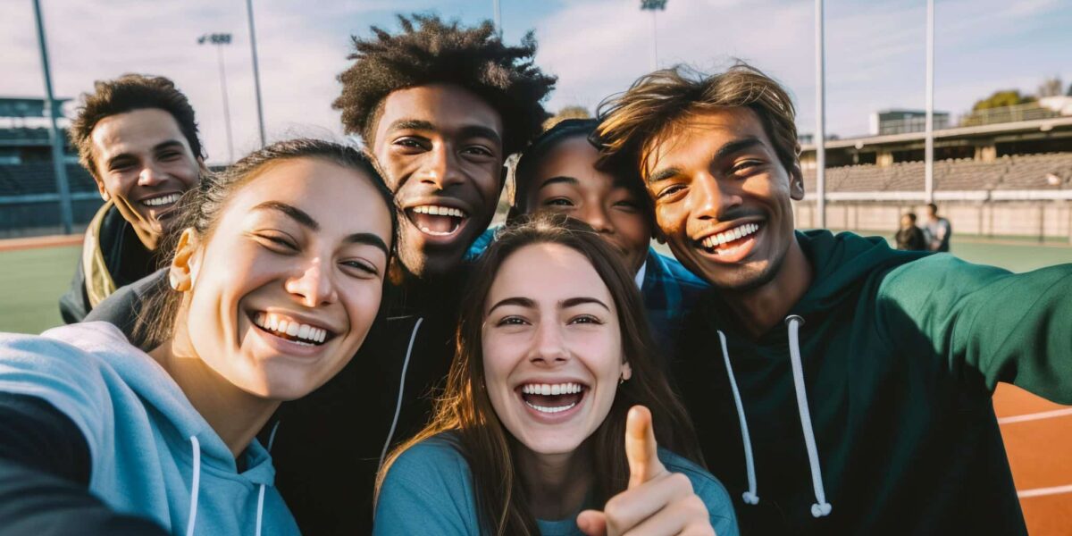Happy diverse friends taking selfie on smartphone on sports ground