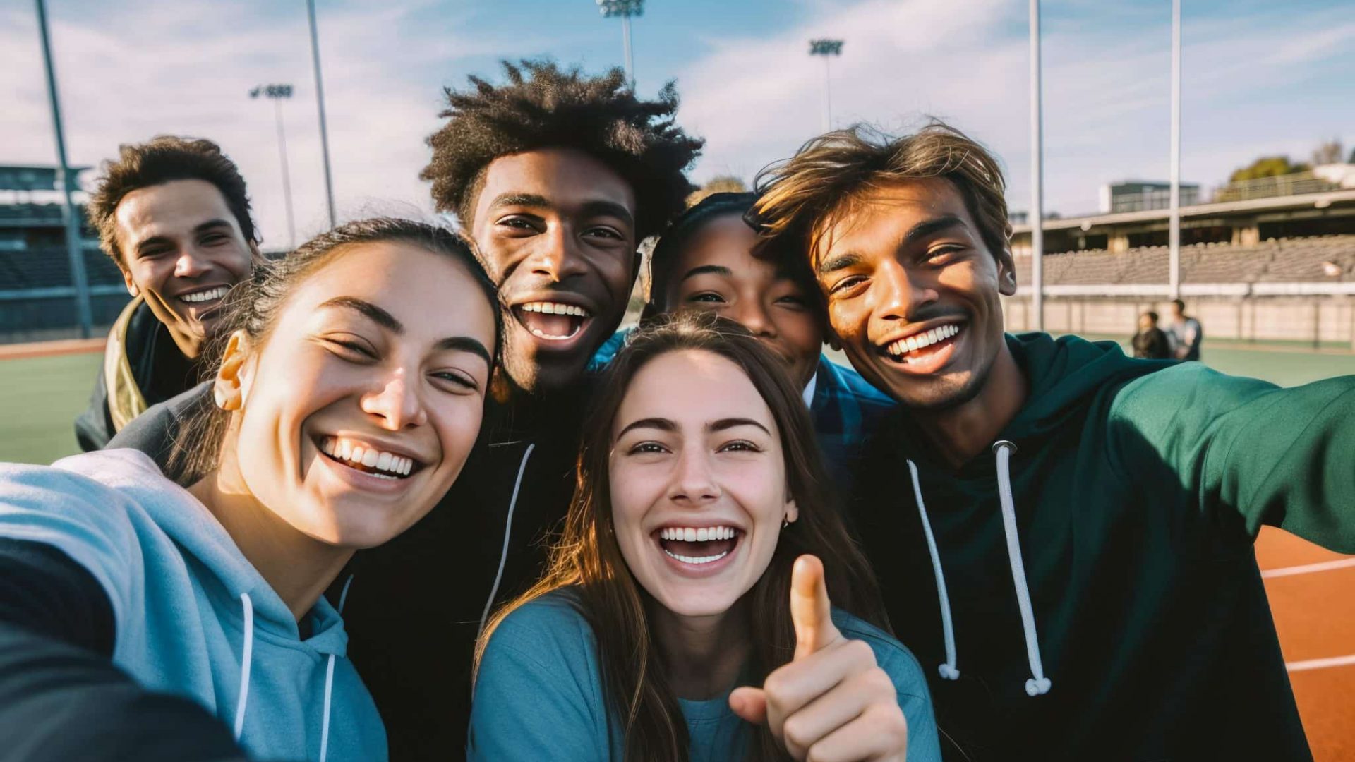Happy diverse friends taking selfie on smartphone on sports ground
